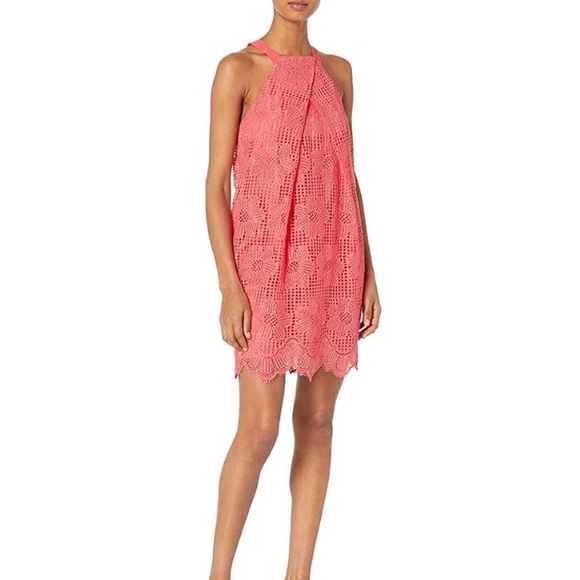 NWT Trina Turk Felisha Coral Lace Draped Halter Mini Dress in Guava - 4 - Picture 2 of 16